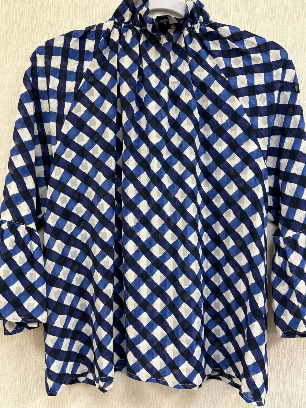 Ruby Rd. Navy and White Gingham Ruffle-Collar Button-Front Blouse - Picture 2 of 9